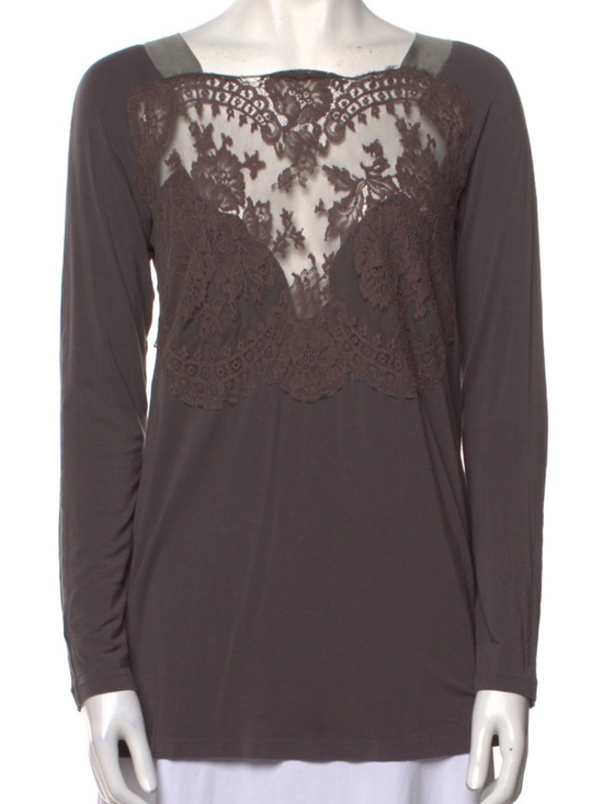 La Perla Tops - La Perla Long-Sleeve Lace Yoke Top - Dark Brown